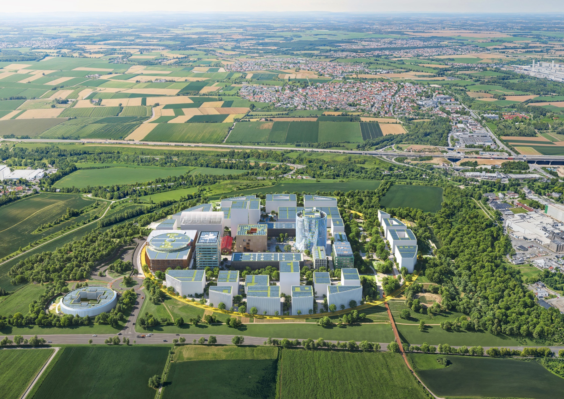 IPAI Campus Heilbronn – Luftbild des geplanten Innovationsquartiers, Visualisierung MVRDV